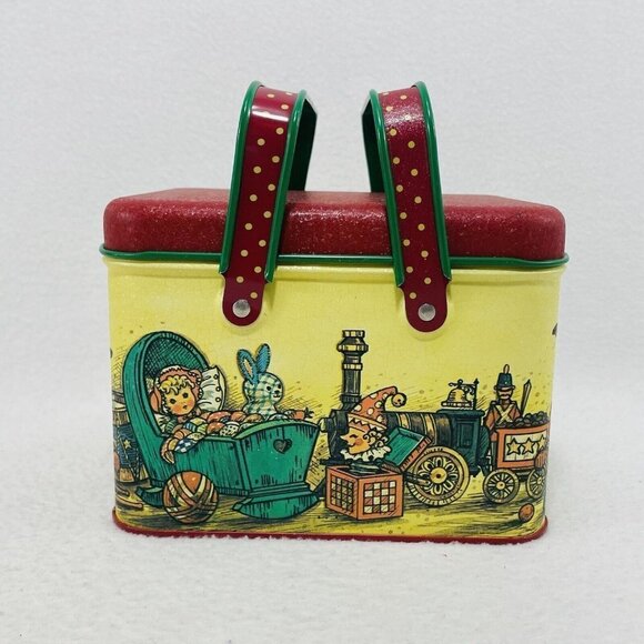 Vintage Potpourri Christmas Tin Box Storage Trinket 5” Container Red Handle Girl - Picture 2 of 10